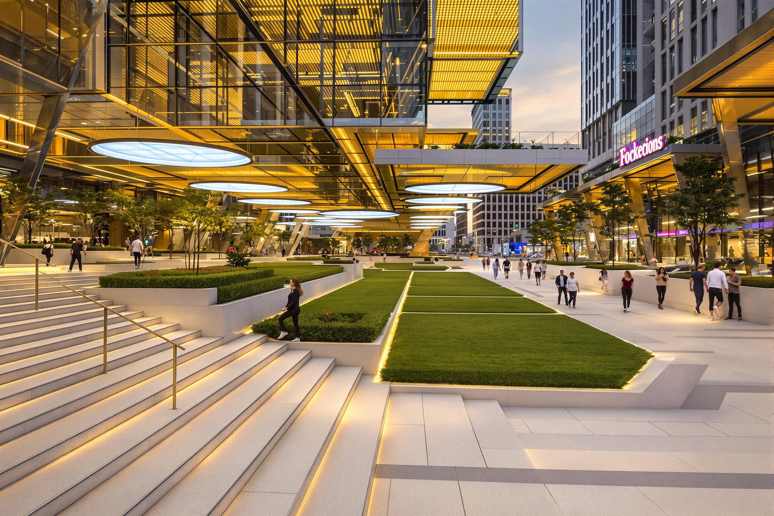 Modern Plaza with Cascading Steps at Twilight