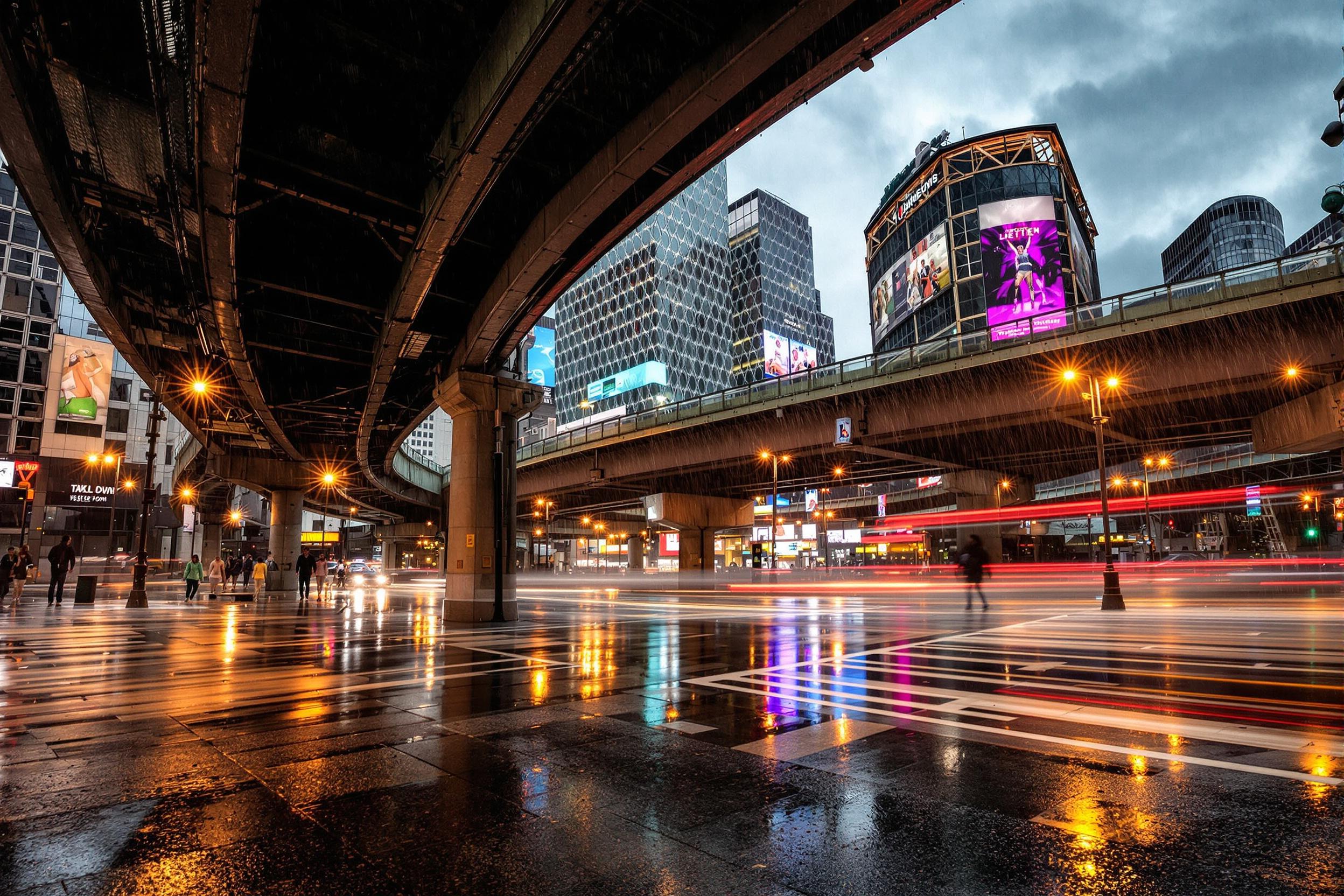 Rainy Urban Overpass Meeting Modern Structures