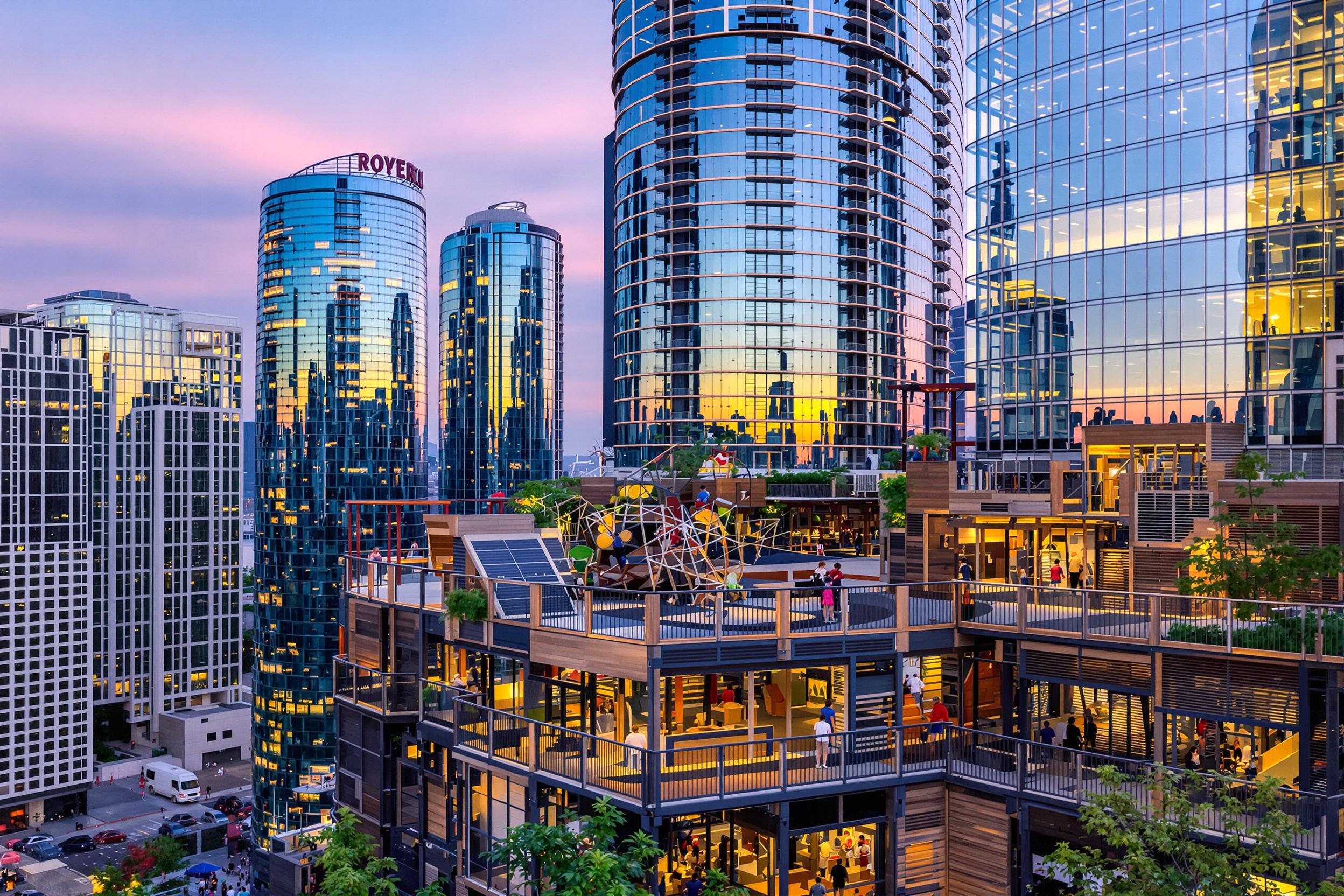 Children Playing in Elevated Urban Playground at Twilight