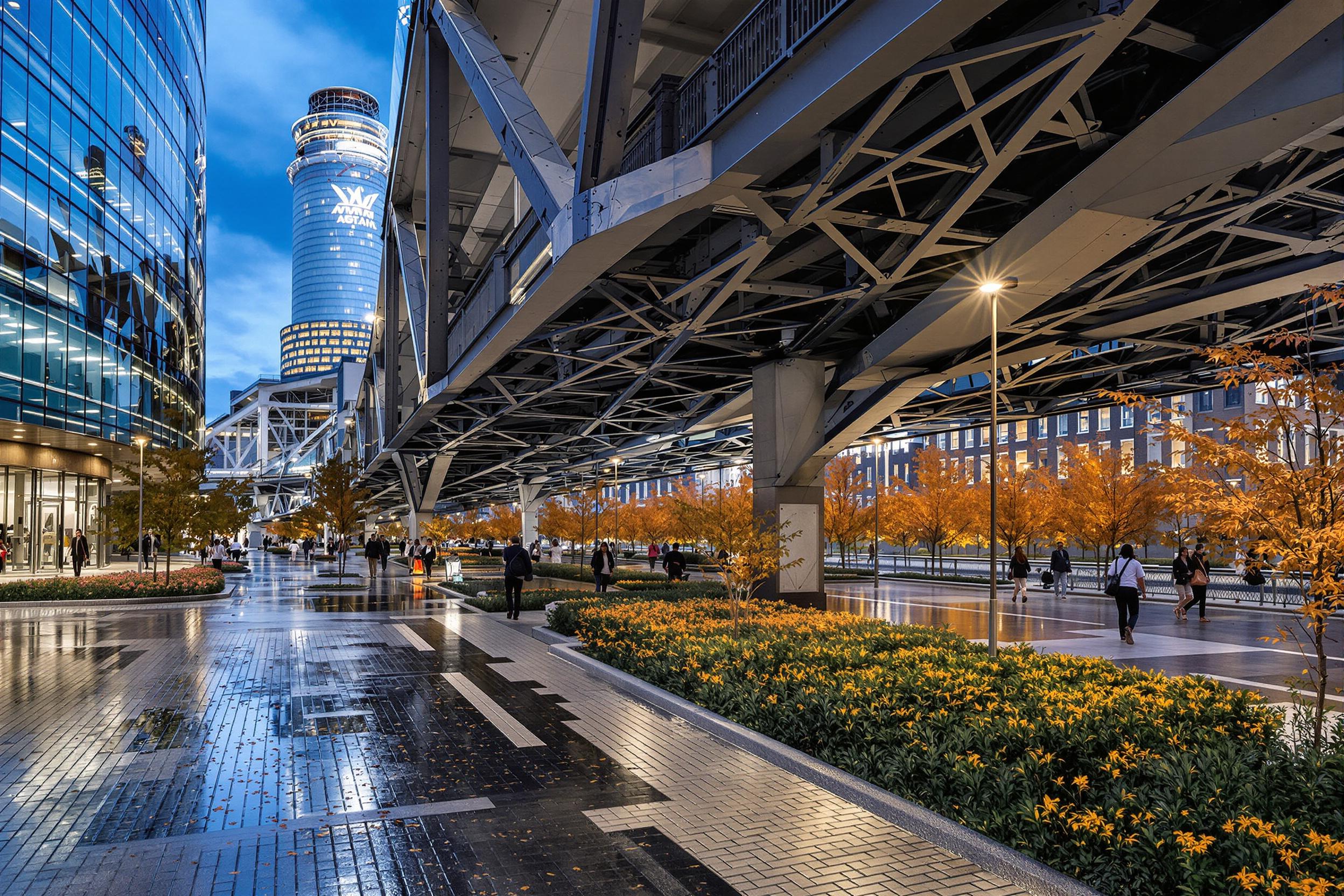 Early-Morning Commuters on Reflective Urban Bridges