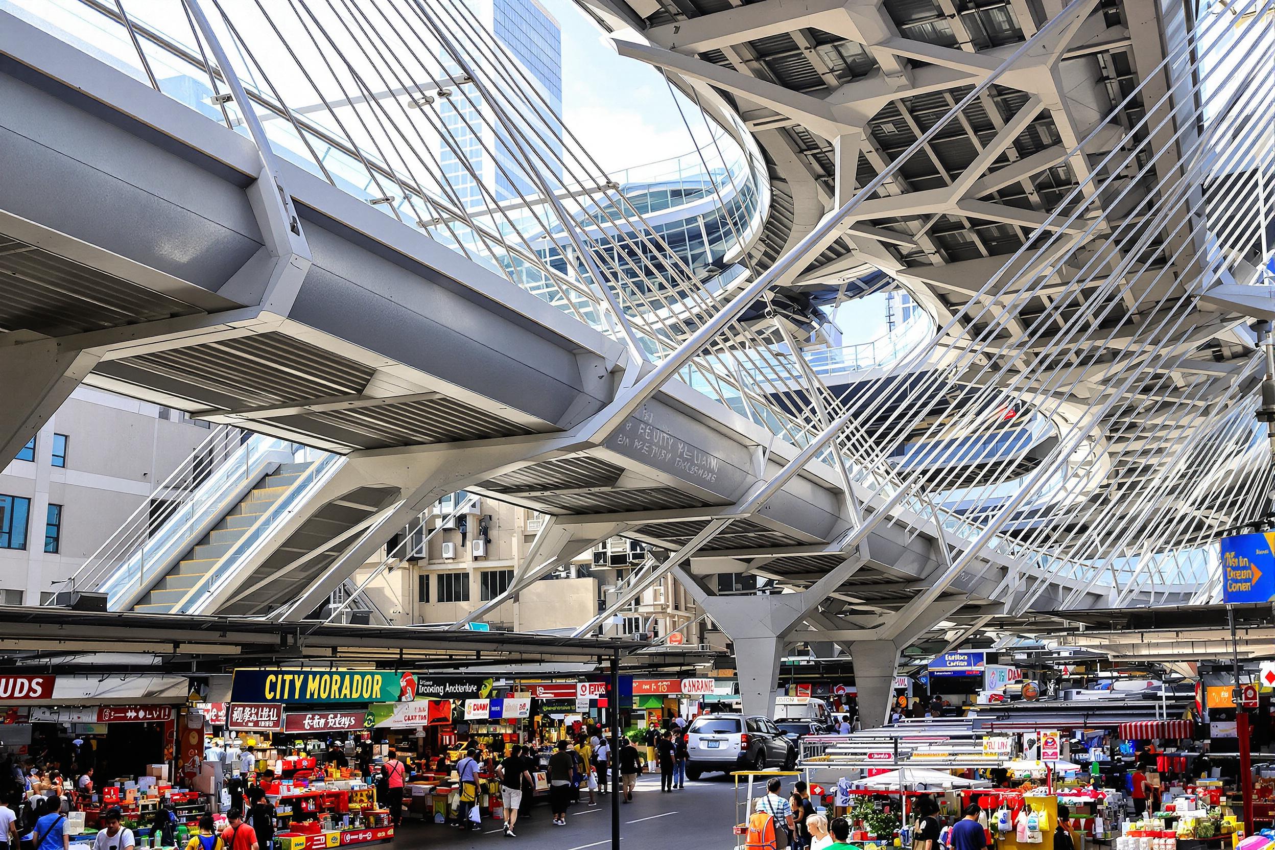 Futuristic Pedestrian Bridges Above Urban Marketplace