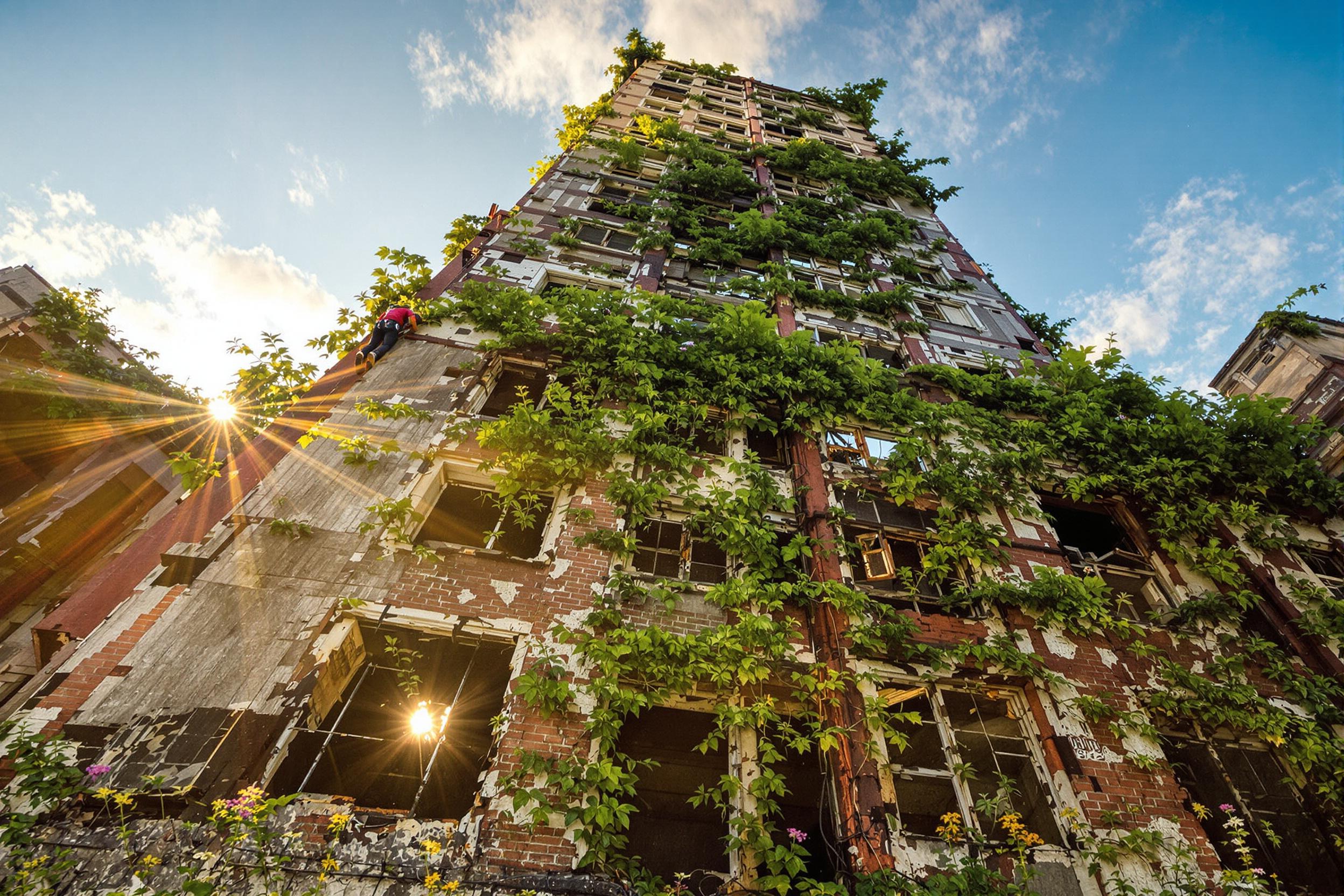 Urban Climber Amid Reclaimed Skyscraper