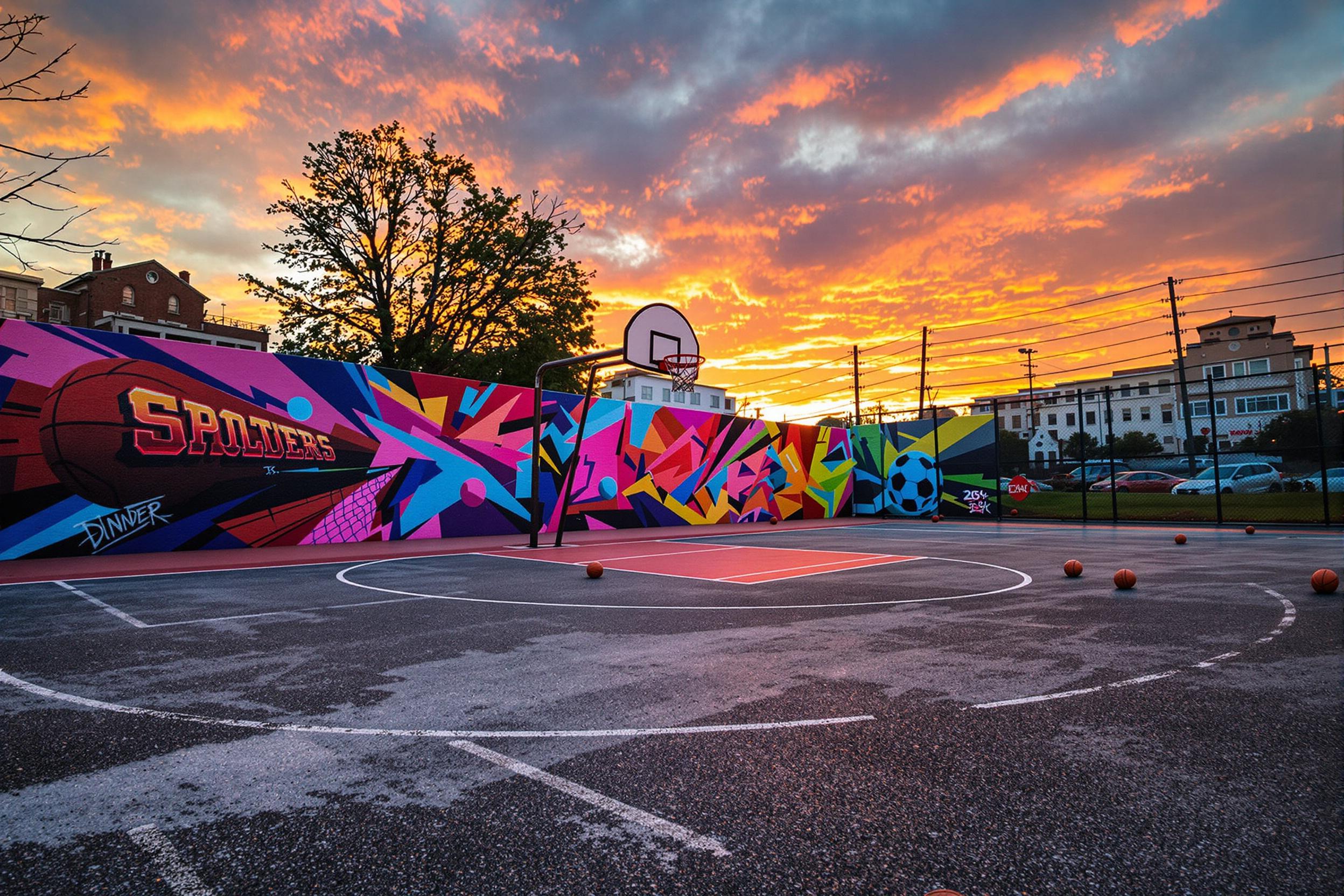 Sunset basketball court with bold street murals