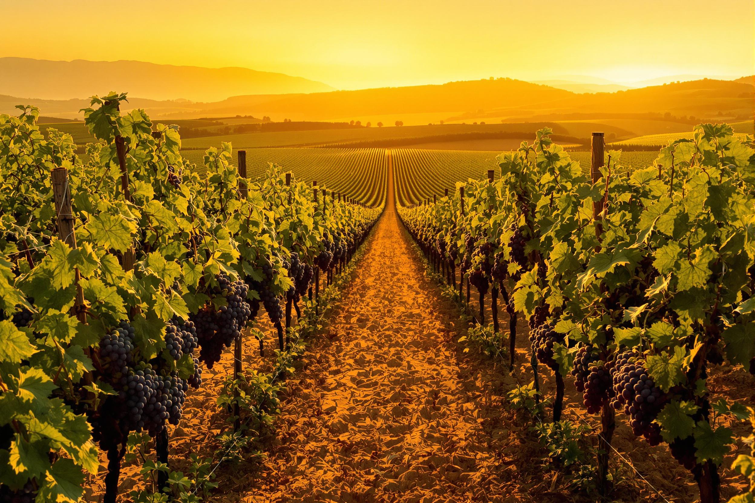 Golden Sunset over Sprawling Vineyard