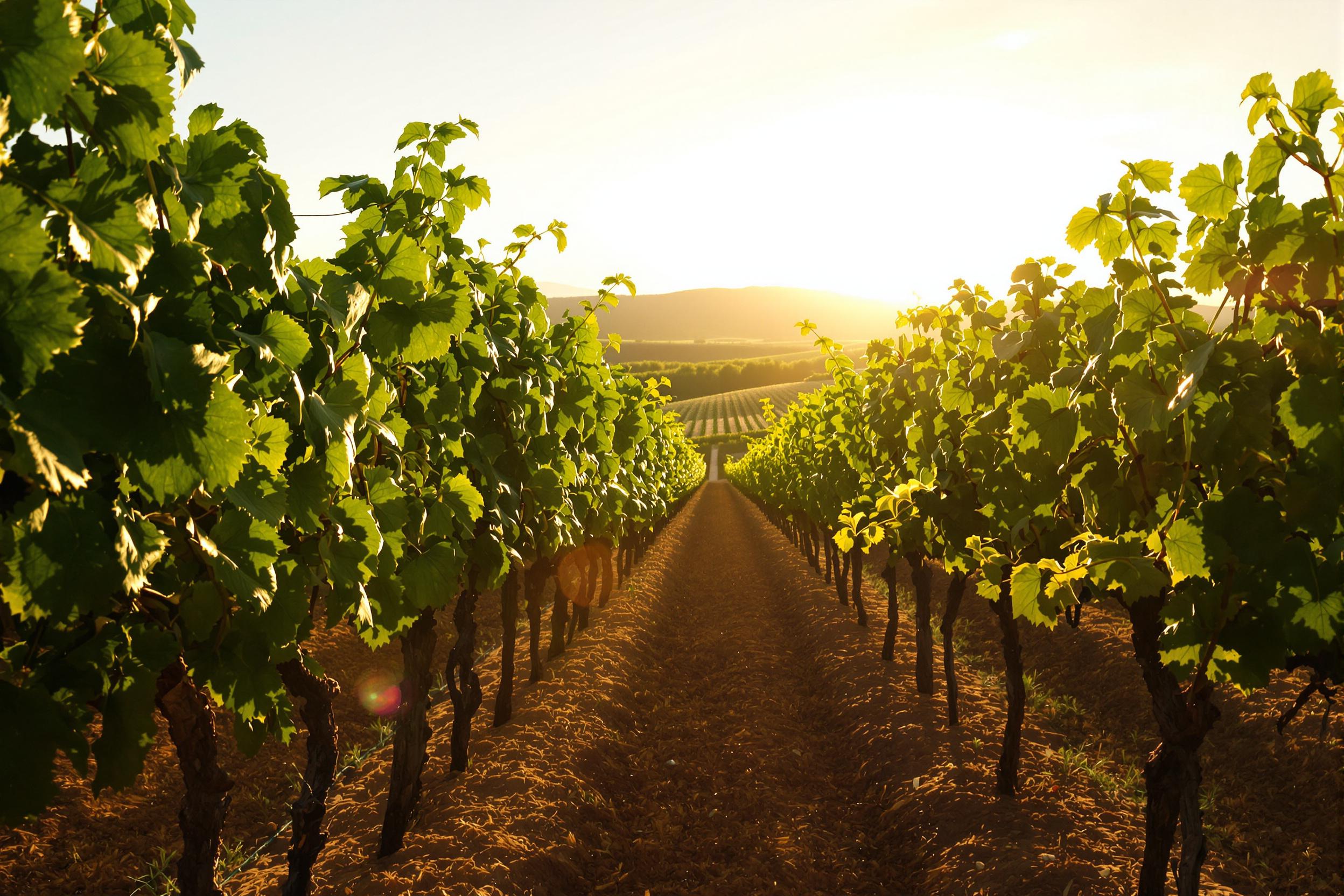 Serene Vineyard at Sunrise with Rolling Hills and Glistening Grape Leaves