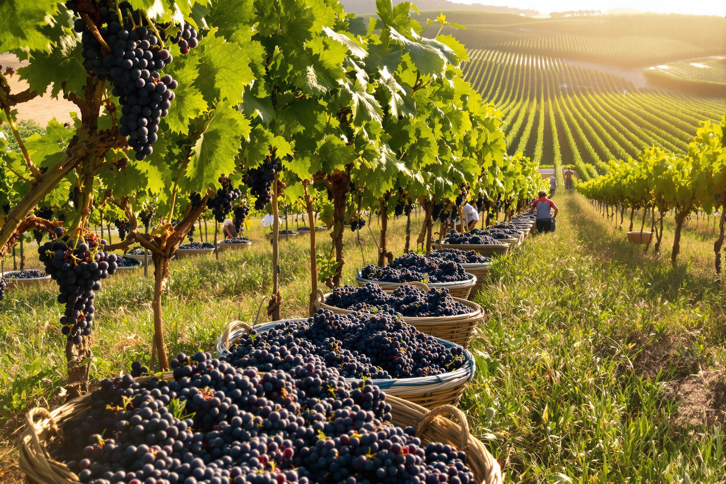 Harvesting Grapes in a Sunlit Vineyard