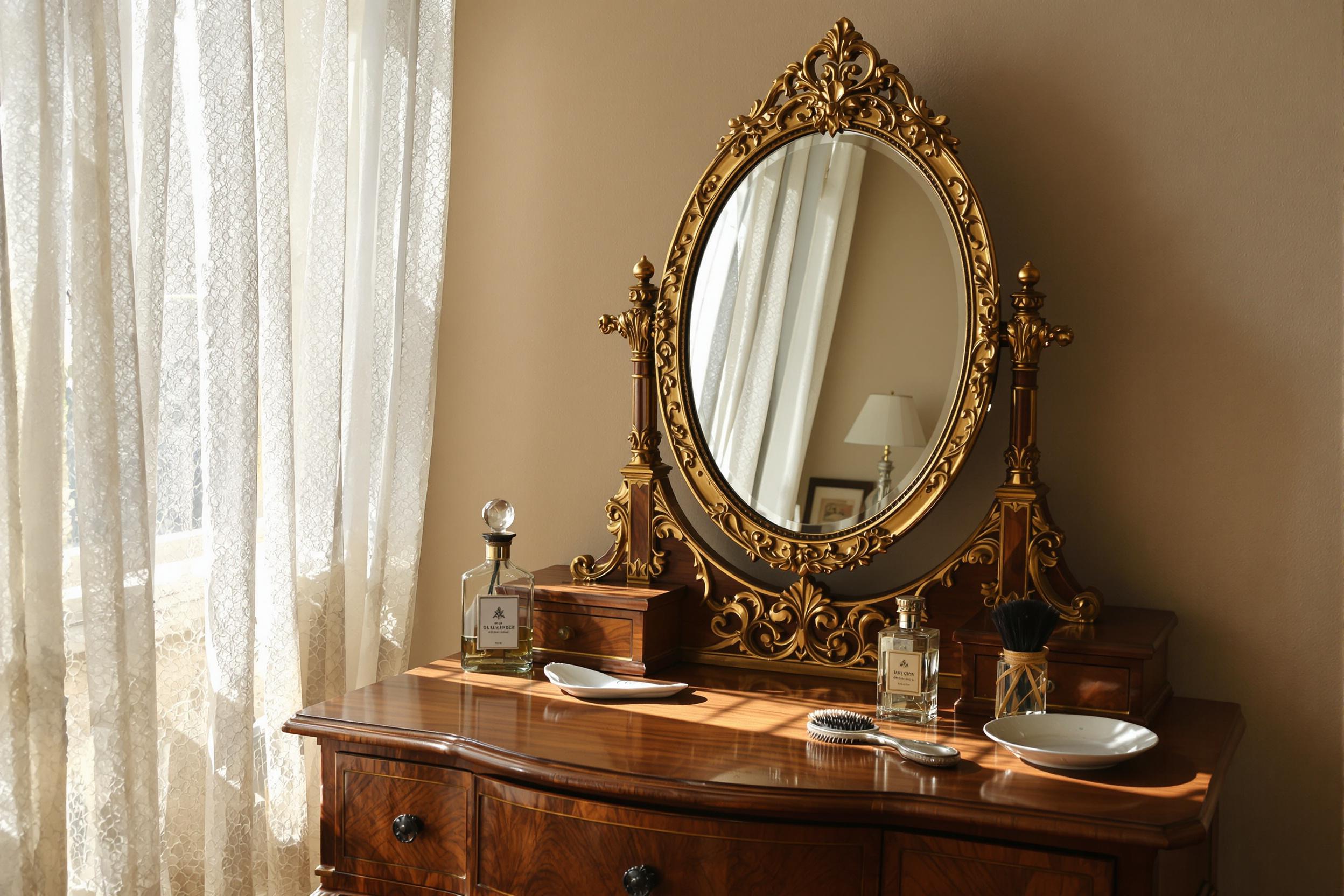 Vintage Wooden Vanity with Sunlit Intricate Details