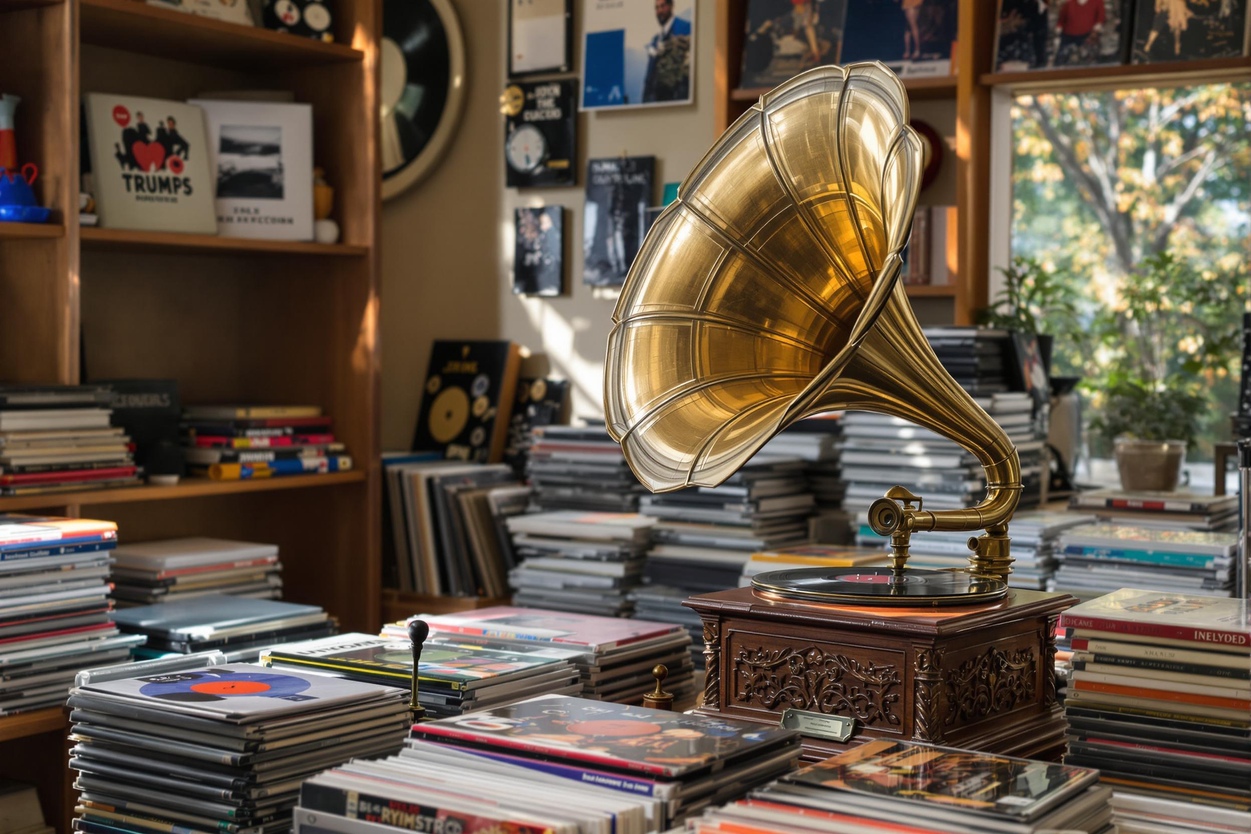 Nostalgic Vintage Gramophone Surrounded by Colorful Vinyl Records