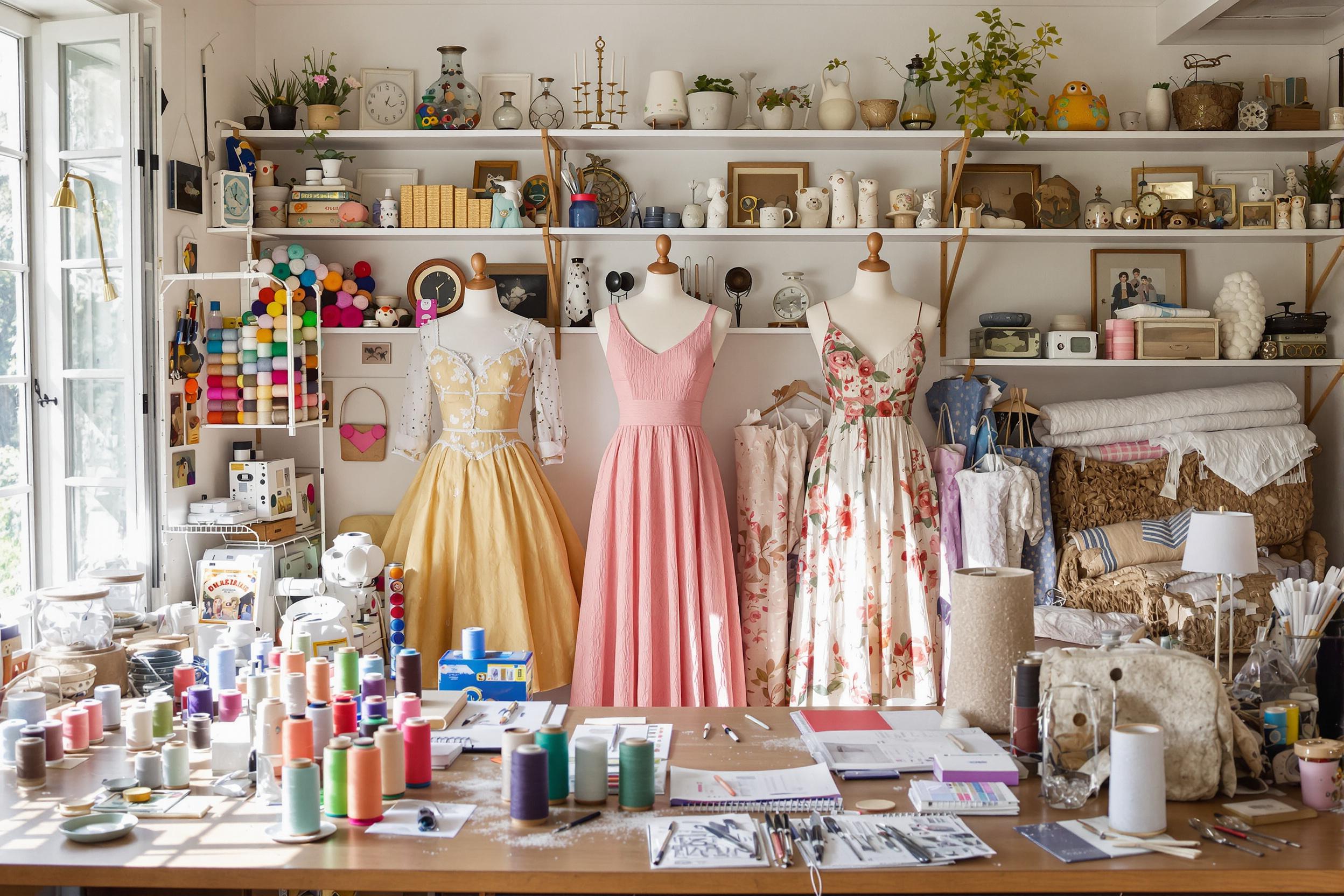 Quaint Sewing Studio with Tools and Dresses