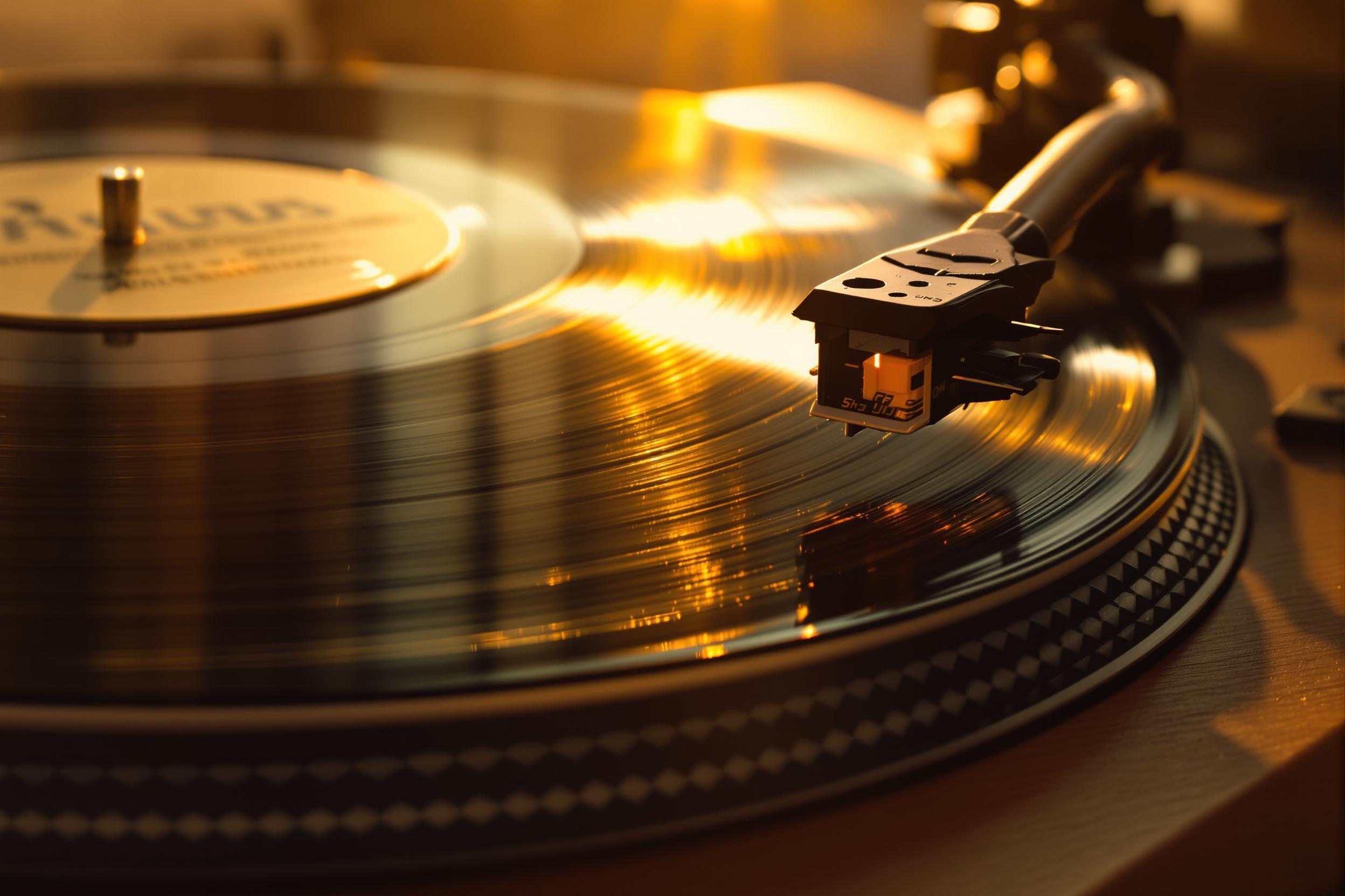 Vintage Vinyl Record on Wooden Turntable in Golden Light