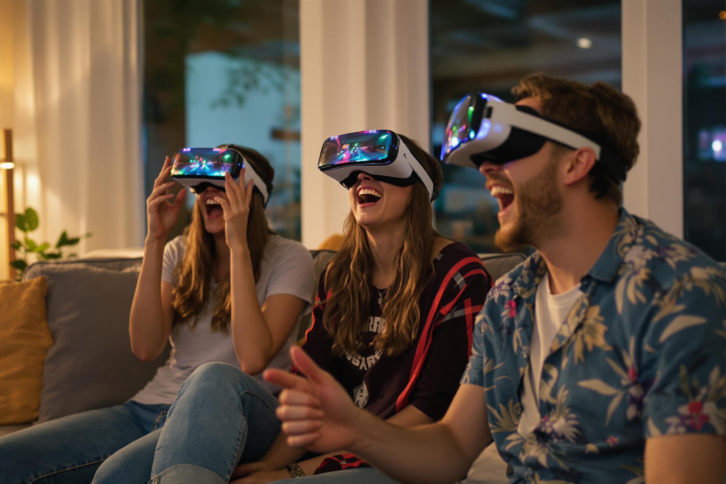 Friends Enjoying a Virtual Reality Gaming Session in Stylish Living Room