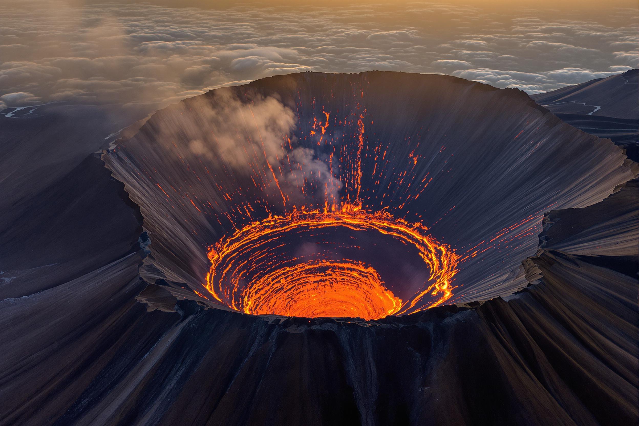 Aerial View of Active Volcanic Crater at Sunset