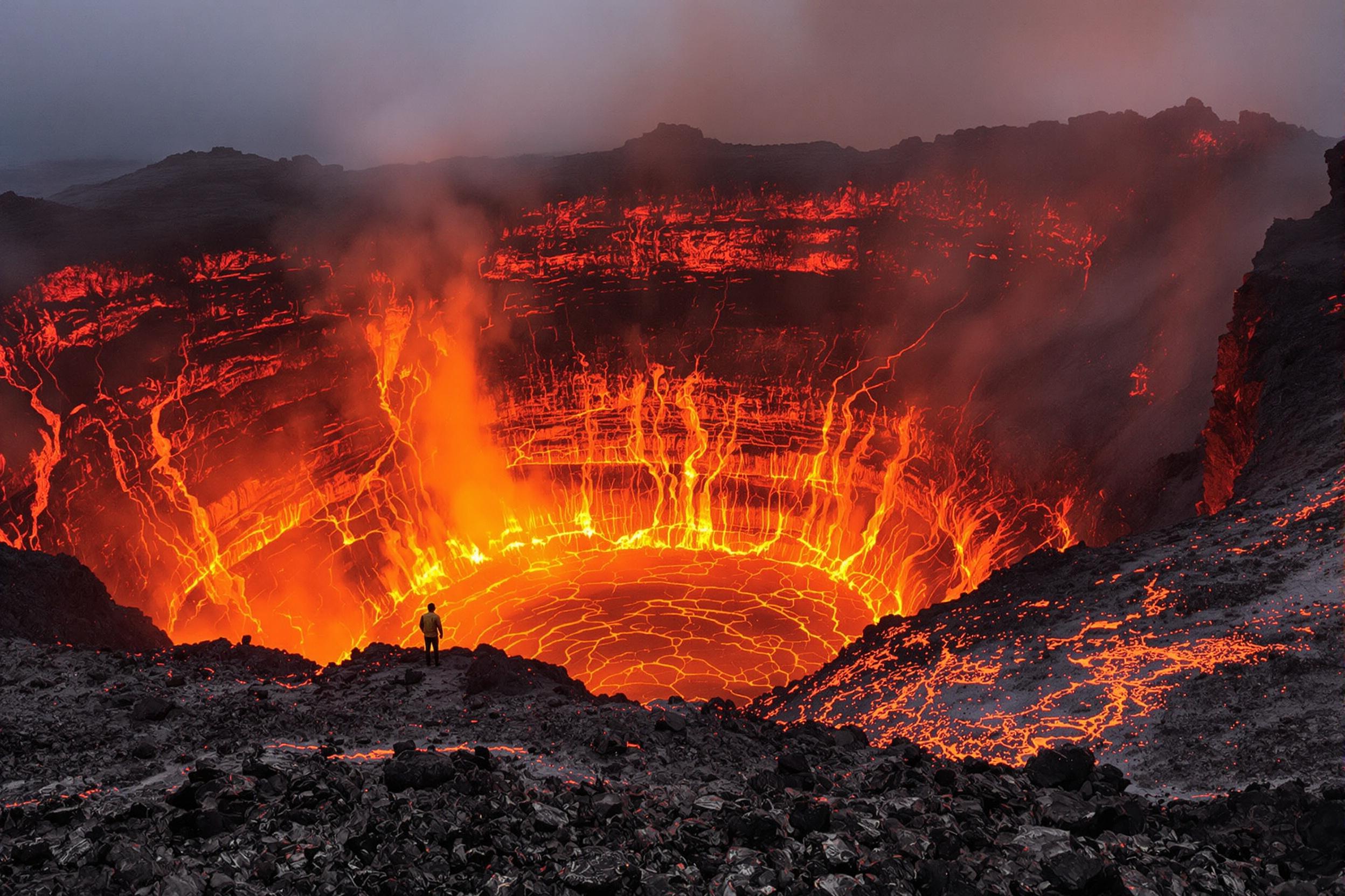 Exploring Volcanic Abyss Amid Earth's Fiery Glow