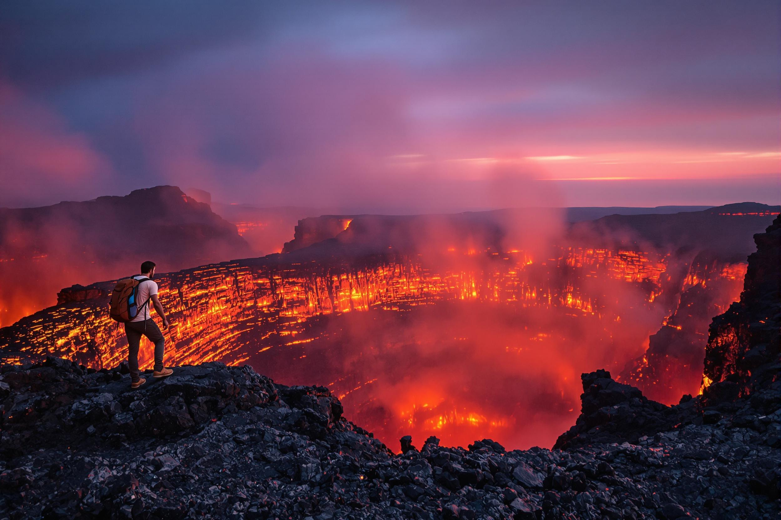 Adventurer on Fiery Volcanic Crater Rim at Sunrise