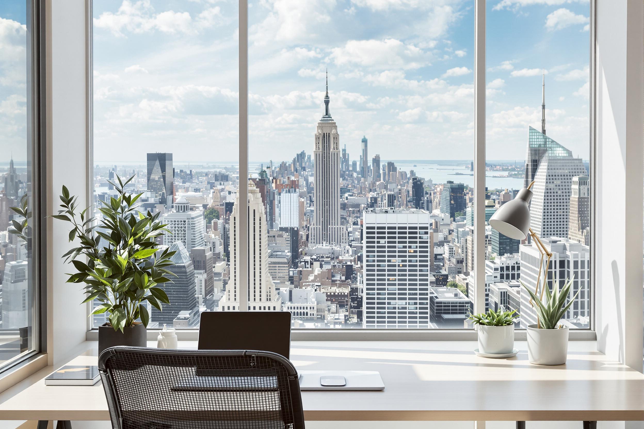 Minimalist Workspace with Panoramic City View