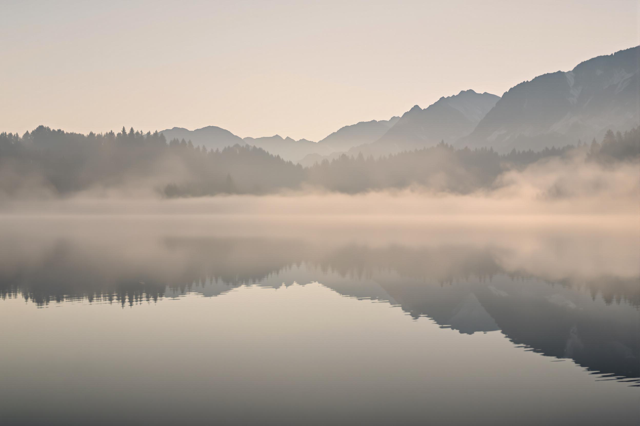 Serene Misty Mountain Lake at Dawn: Minimalist Wallpaper