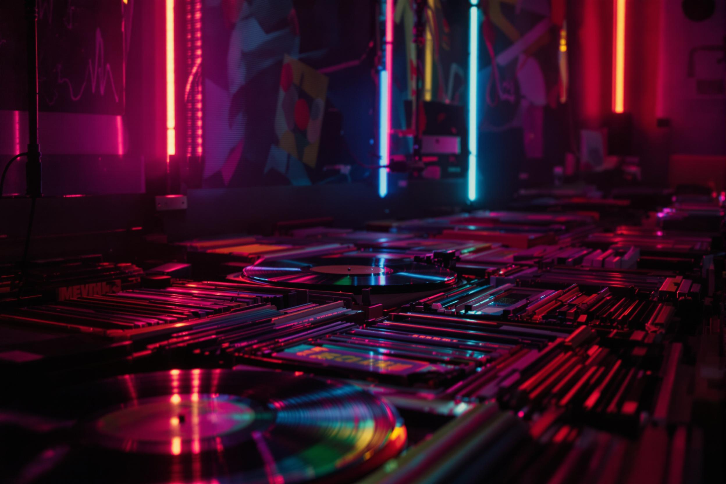 Vintage Vinyl Records in Neon-Lit Music Studio