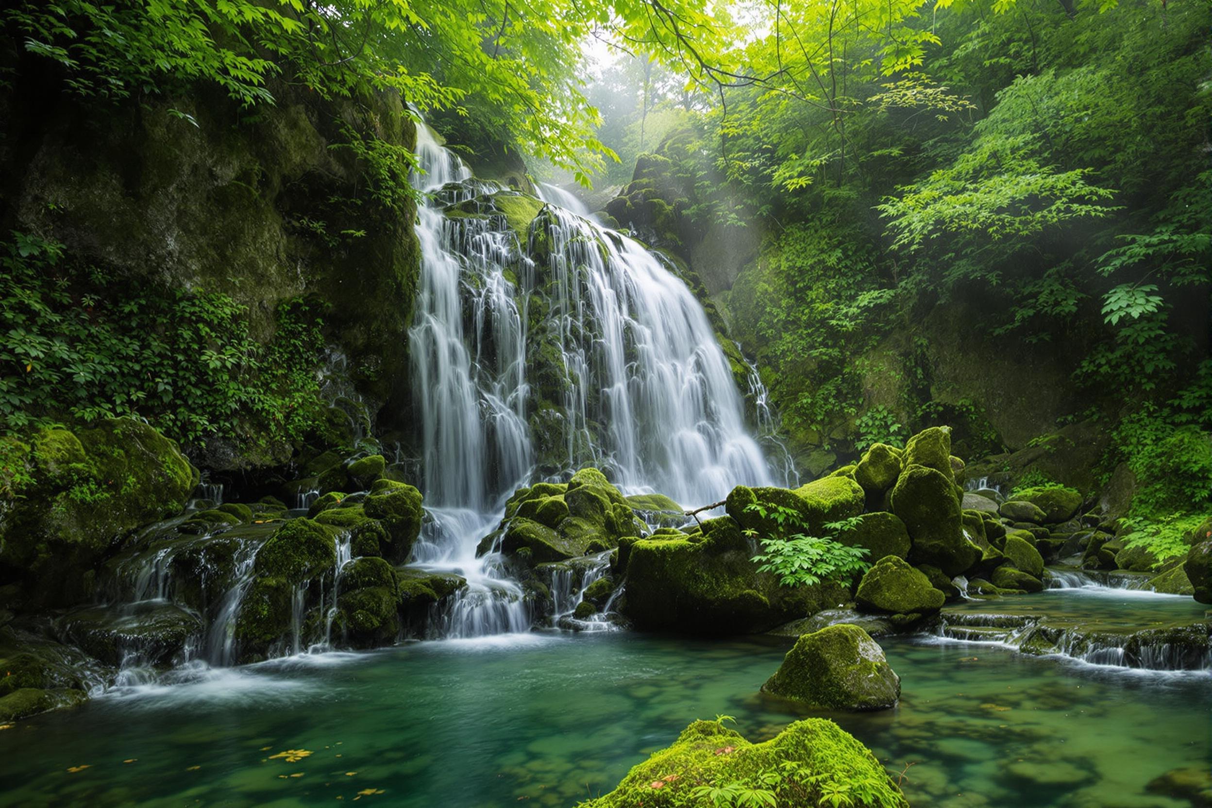 Ethereal Mist: Tranquil Forest Waterfall Wallpaper