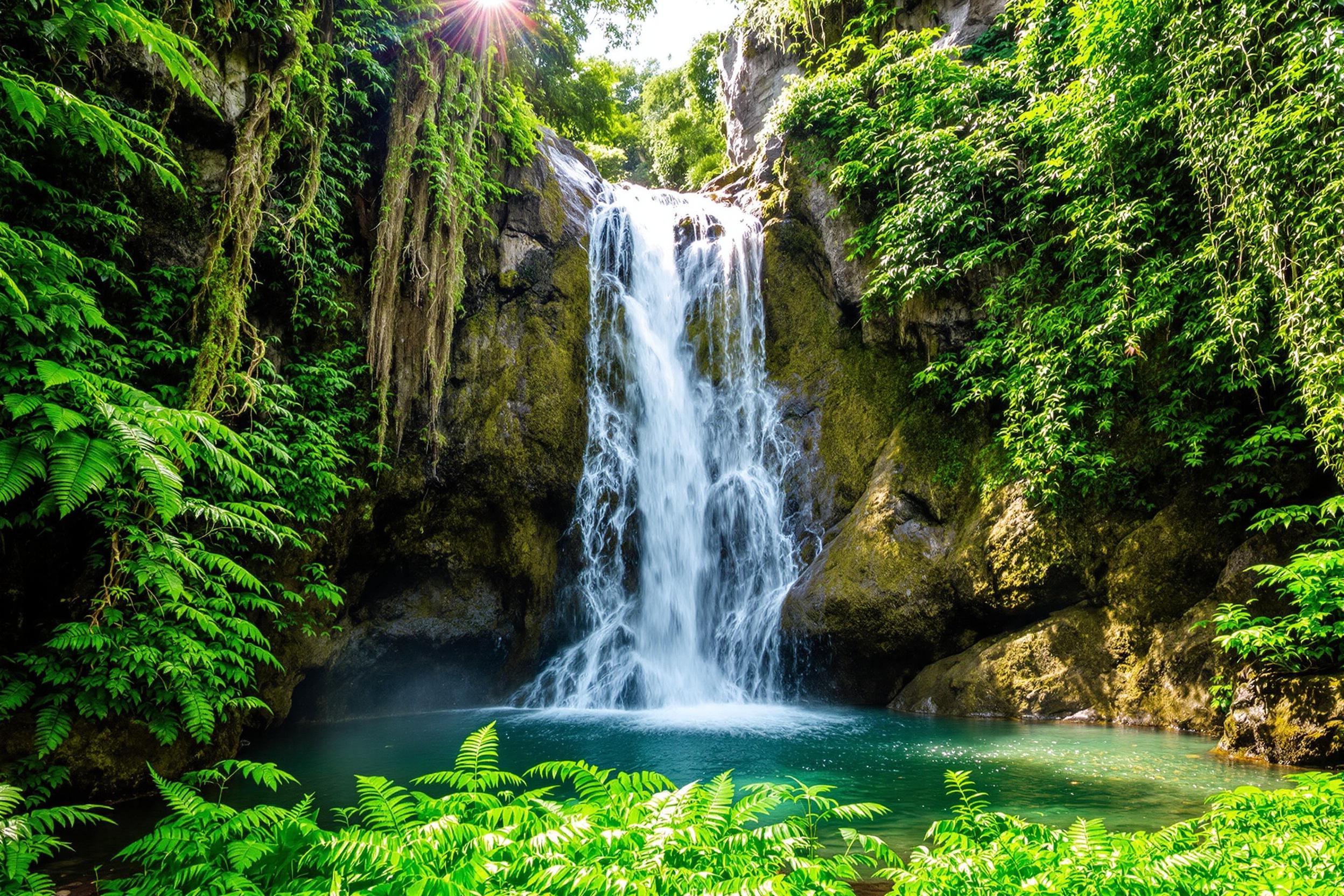 Majestic rainforest waterfall surrounded by vibrant greenery