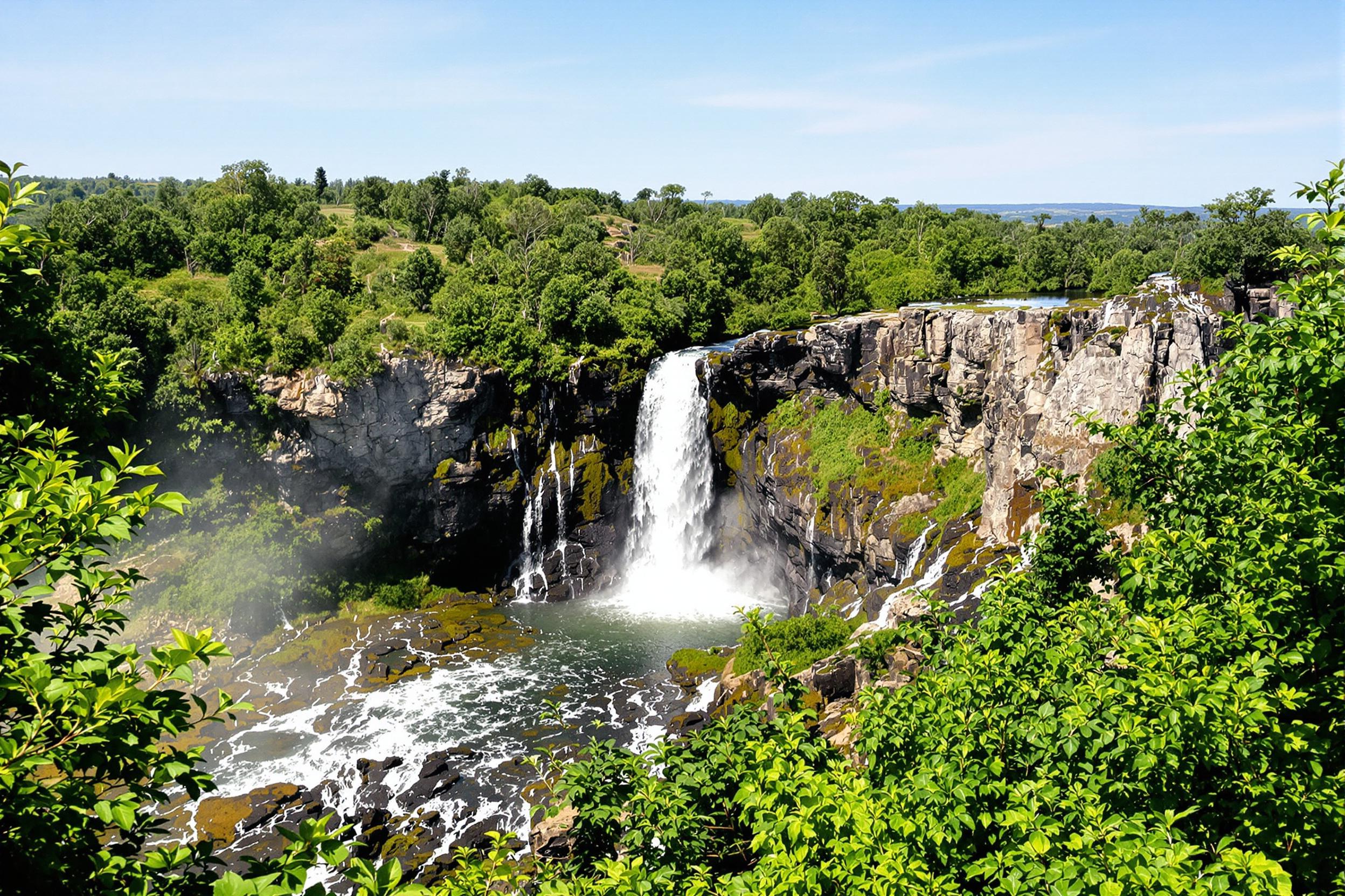 Aerial View of a Cascading Waterfall into Gorge