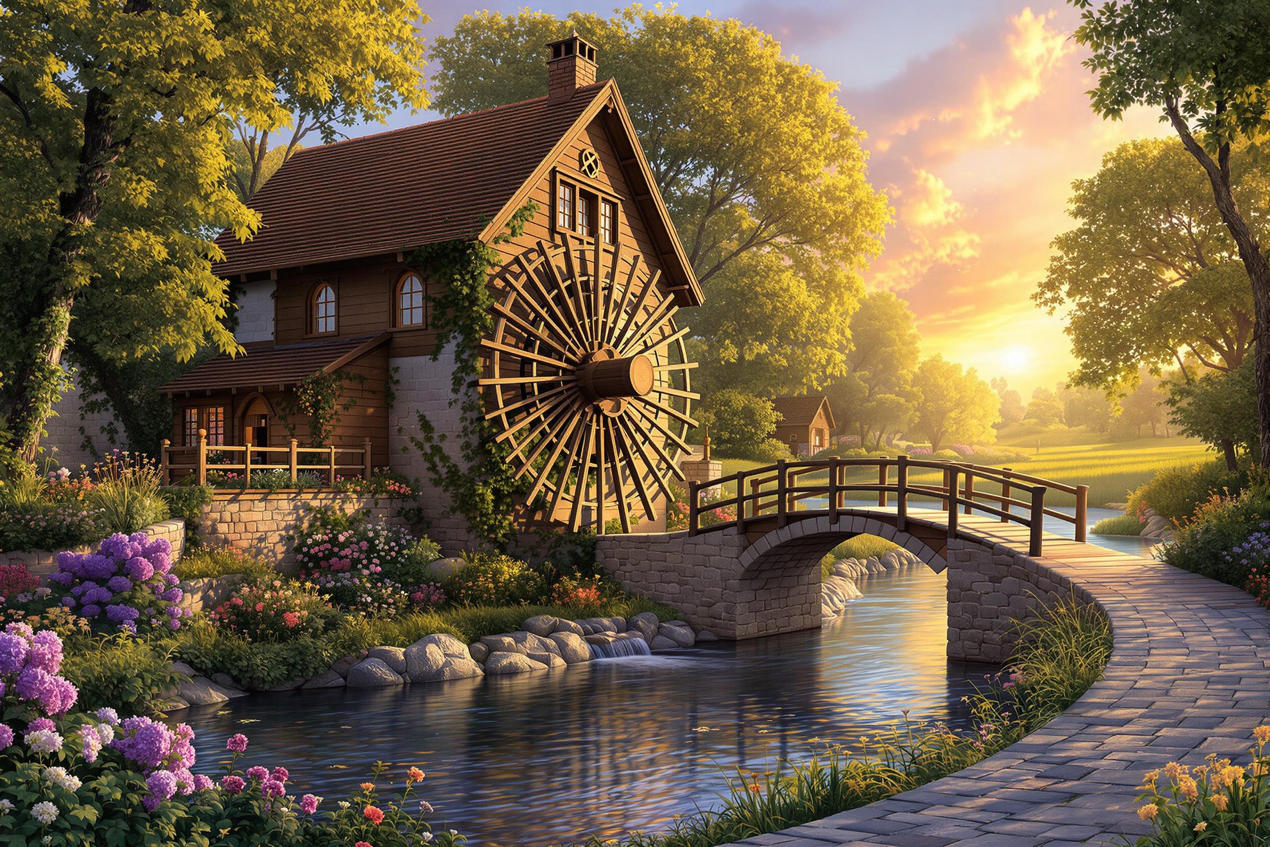 Charming Watermill Scene at Sunset