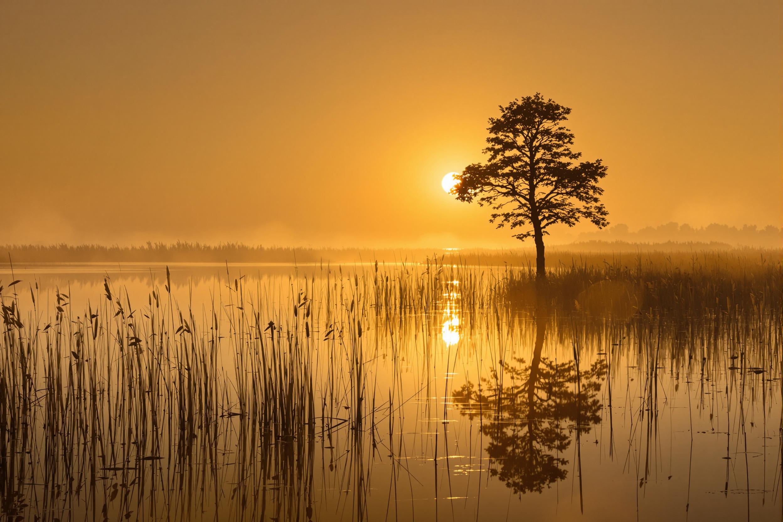 Solitary Tree Reflecting in Amber Dawn Wetlands