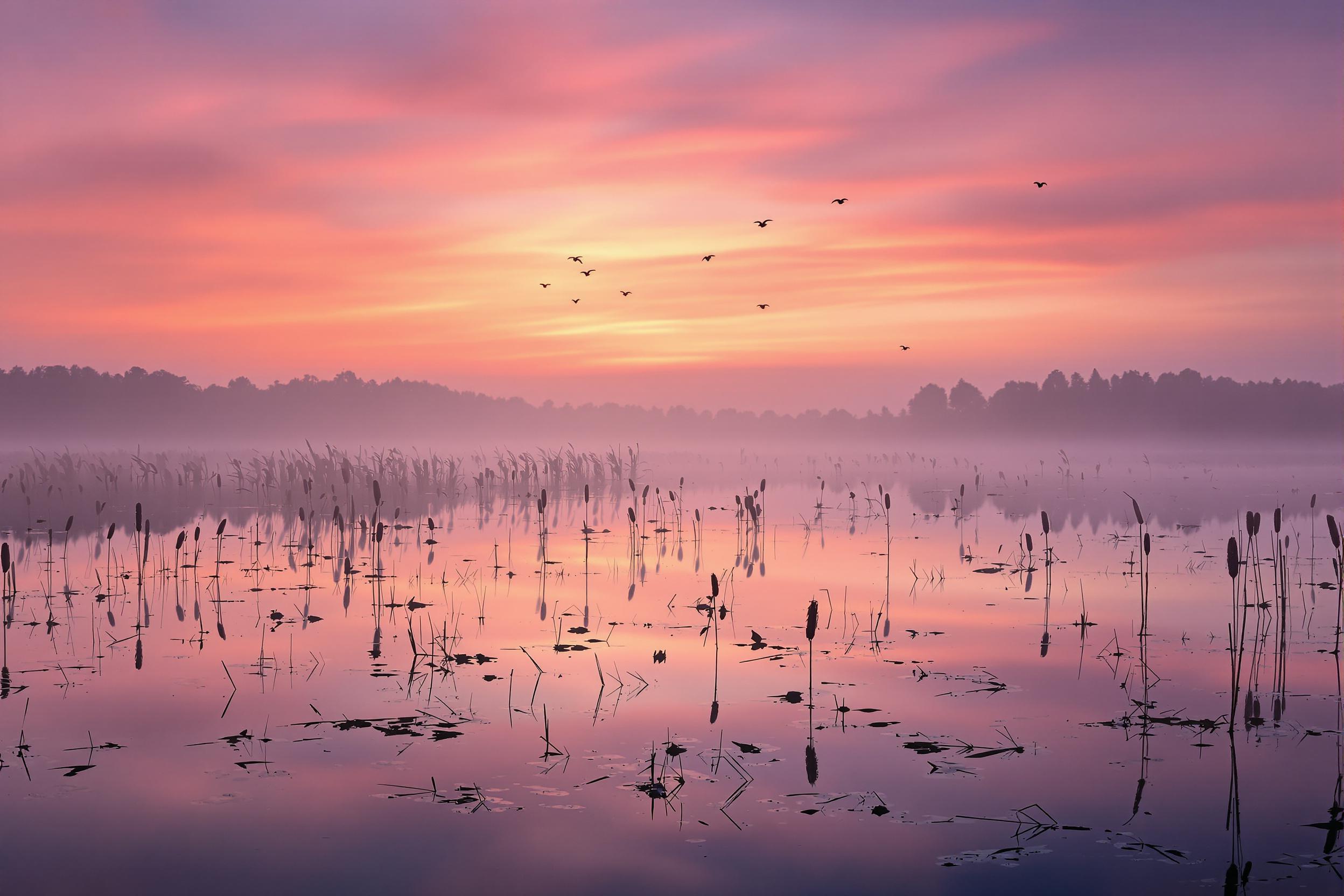 Dawn Wetland Reverie in Autumn Fog