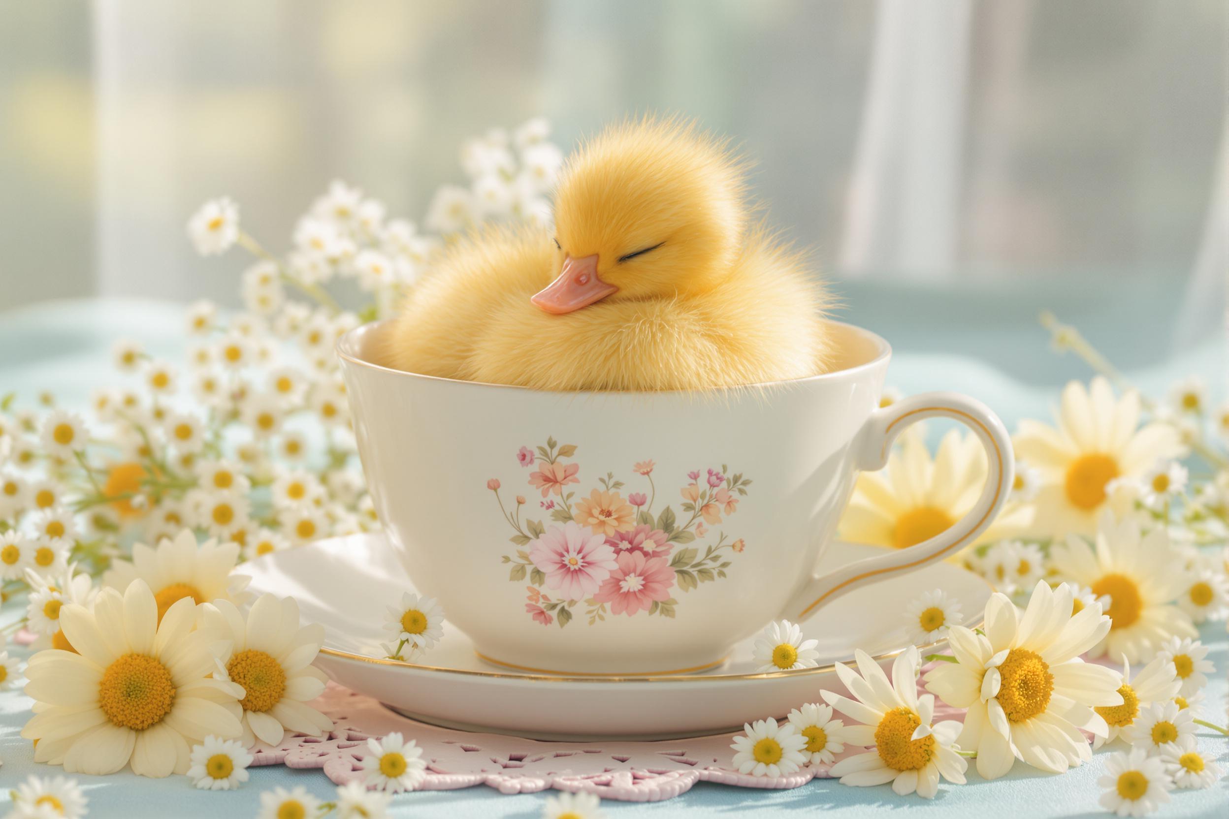 Whimsical Duckling Asleep in Floral Teacup