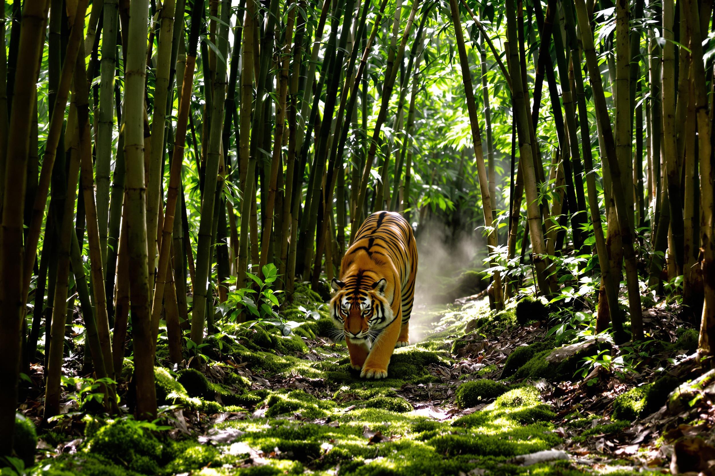 Majestic Tiger in Shaded Bamboo Forest