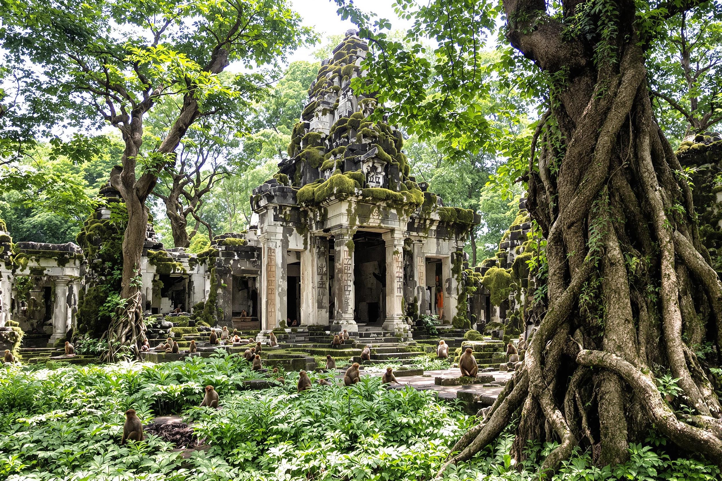 Wild Monkeys Foraging at Overgrown Jungle Temple