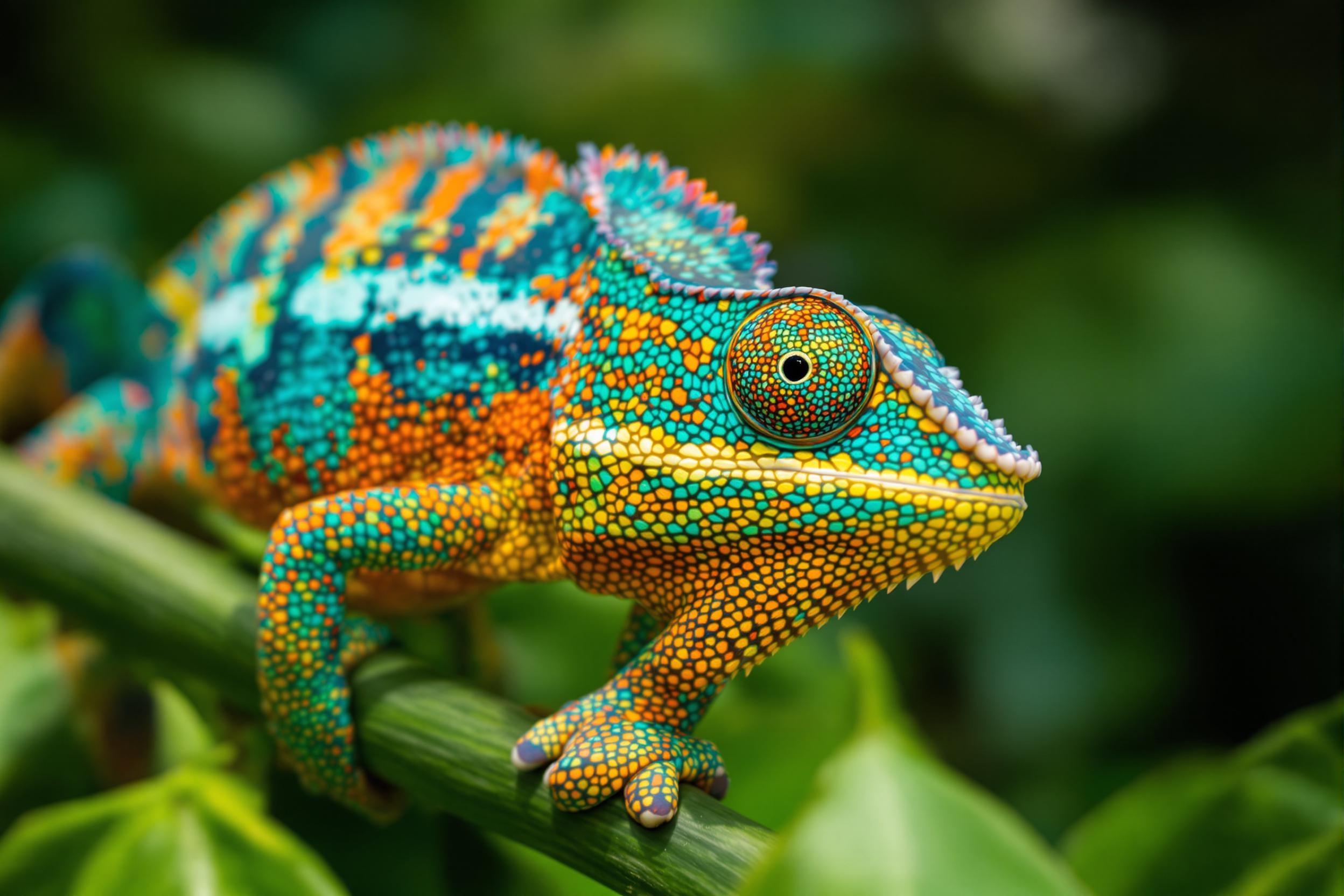 Close-Up of Colorful Panther Chameleon on Lush Greenery