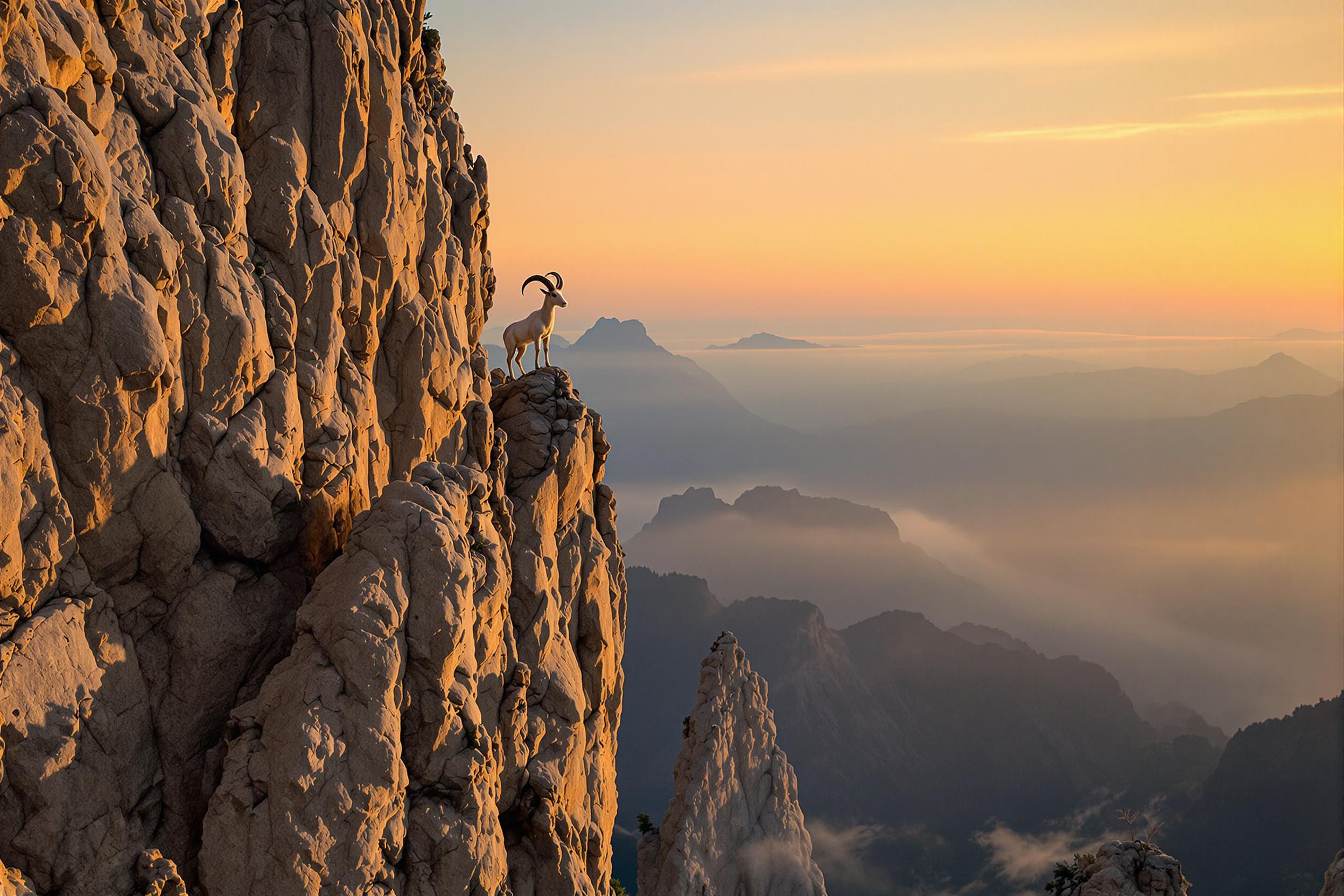 Lone Ibex on Rocky Cliff in Golden Hour Light