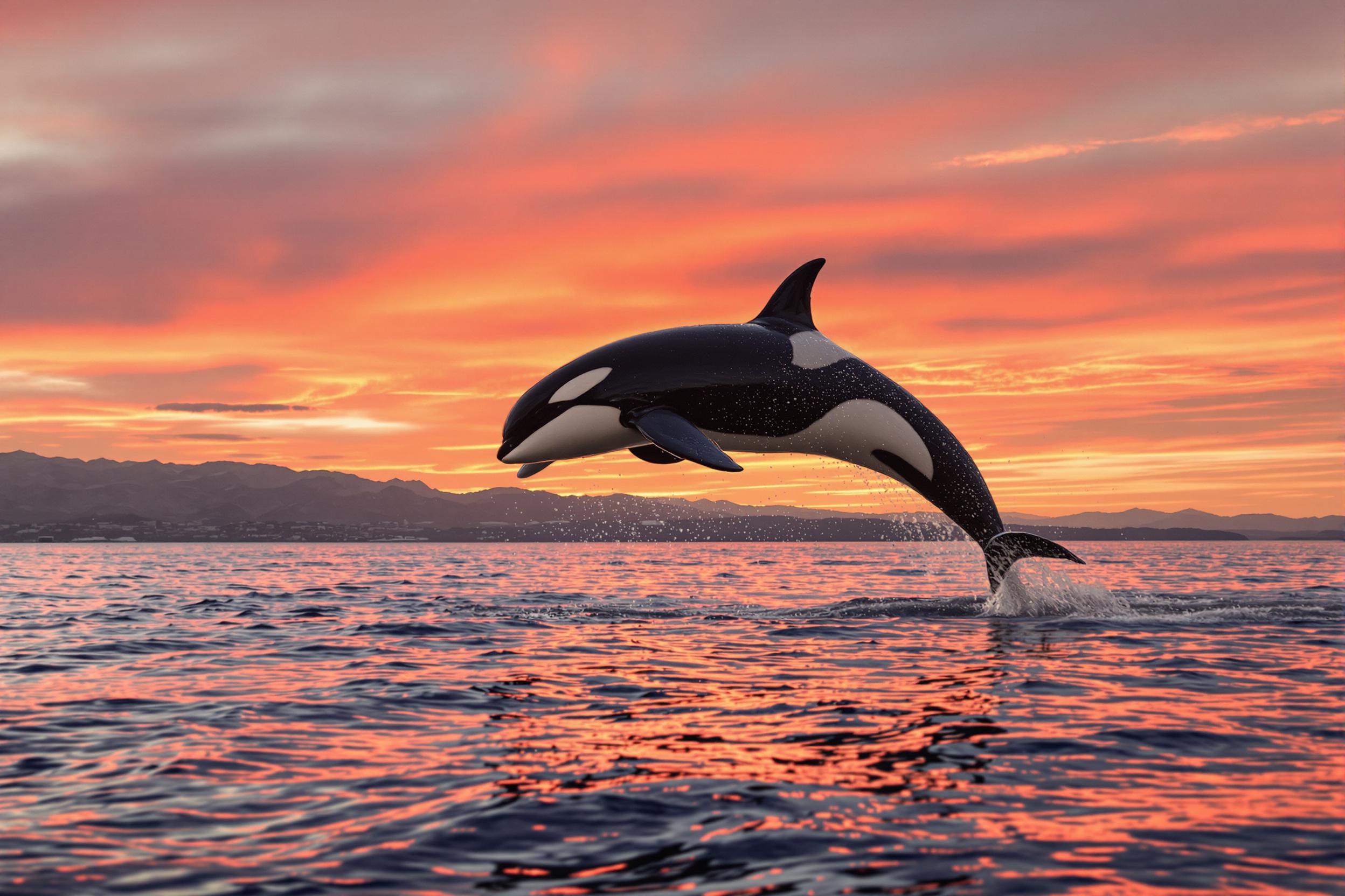 Majestic Orca Leaps Against Sunset Glow