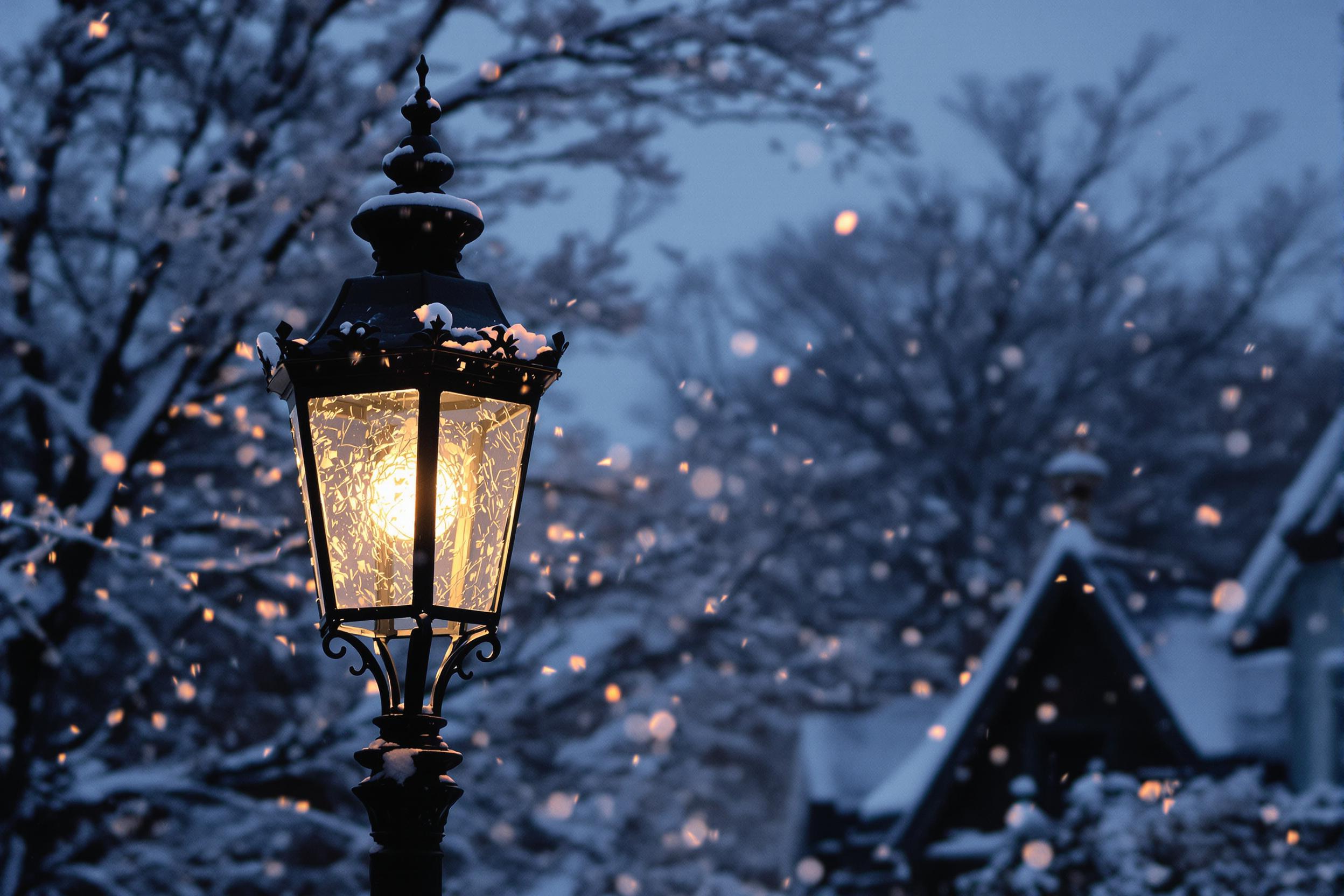 Vintage Lamp Post Amid Winter Snowfall