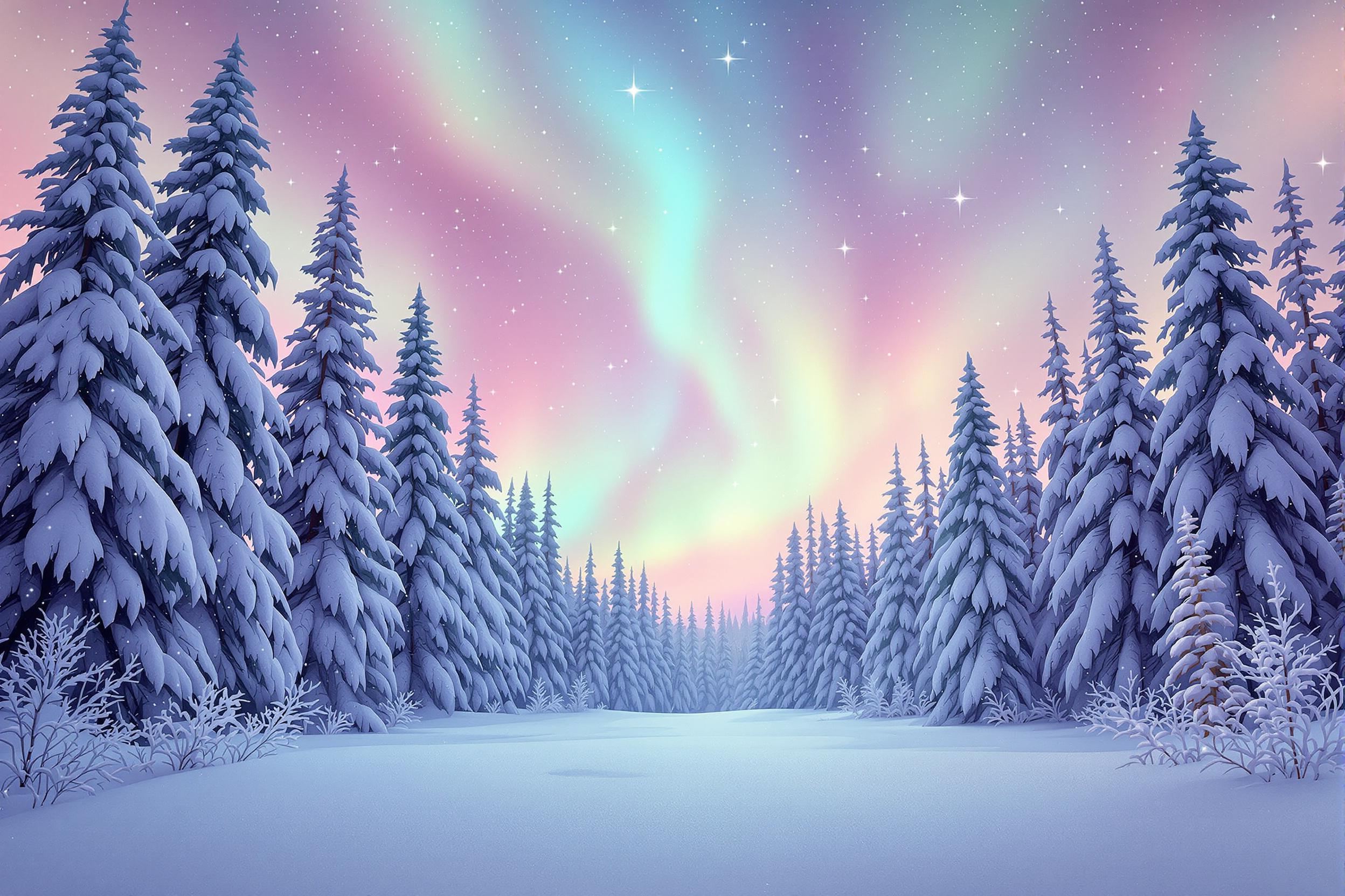 Northern Lights Over Snowy Forest Clearing