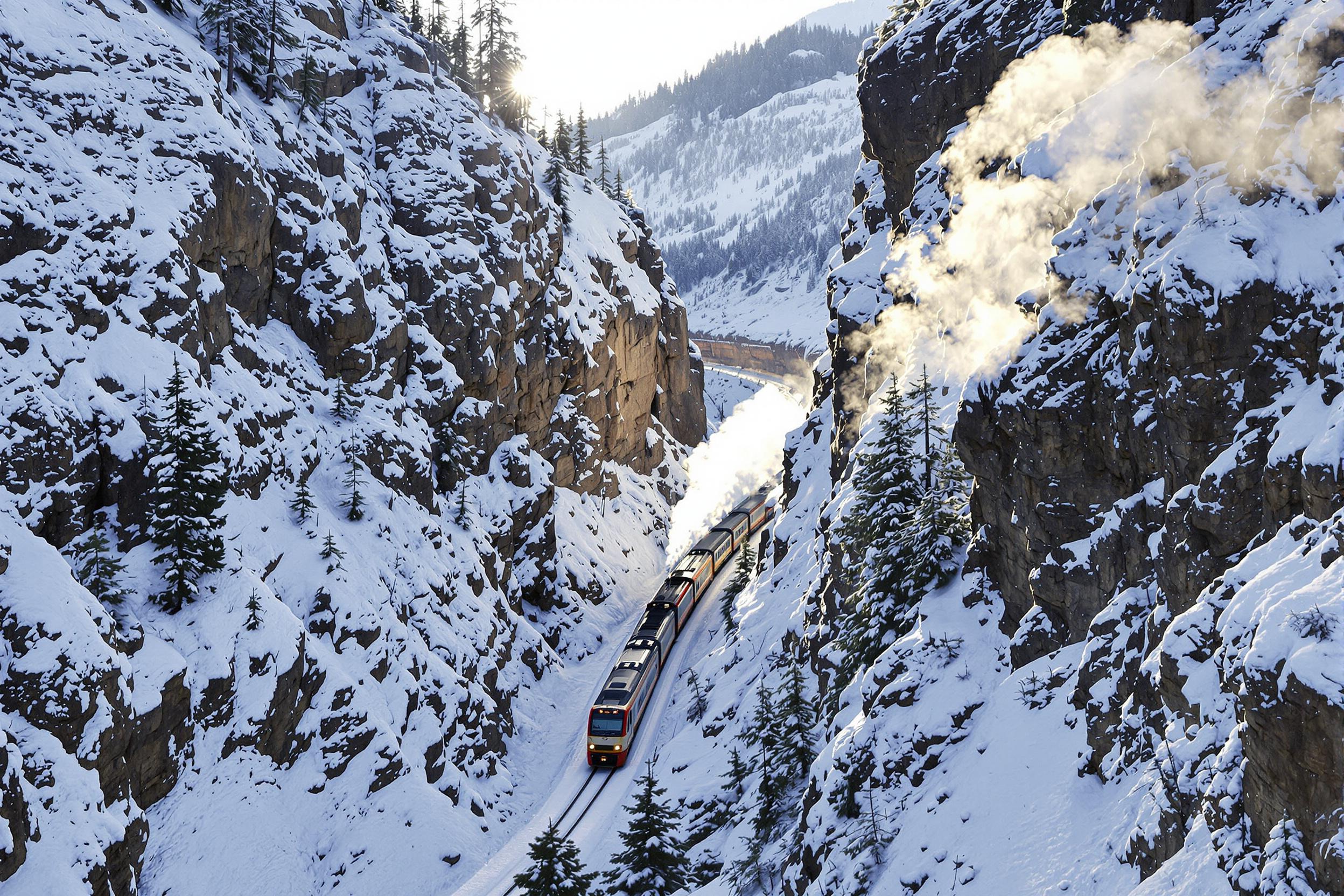 Snow Train Traversing Mountain Gorge at Sunset