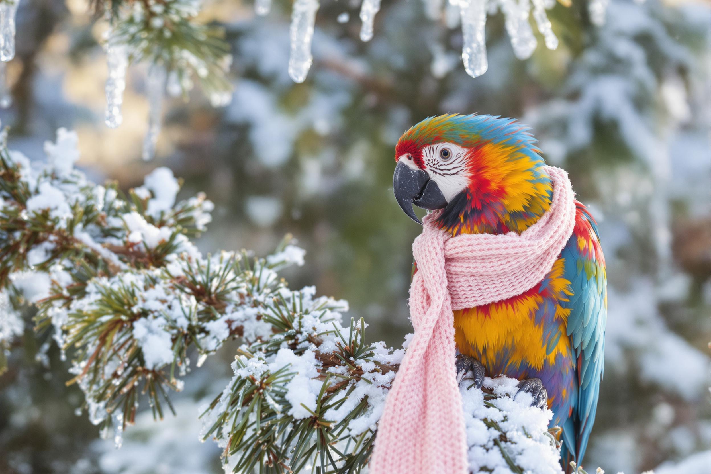 Winter Macaw with Pastel Knitted Scarf