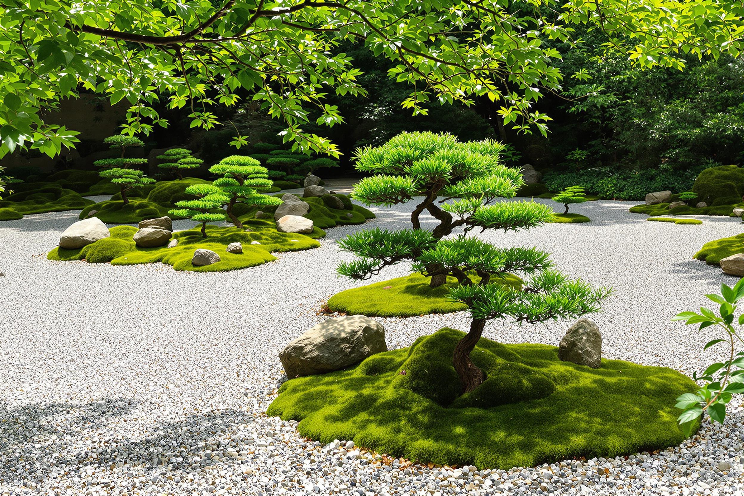 Serene Zen Garden with Raked Gravel and Bonsai Trees